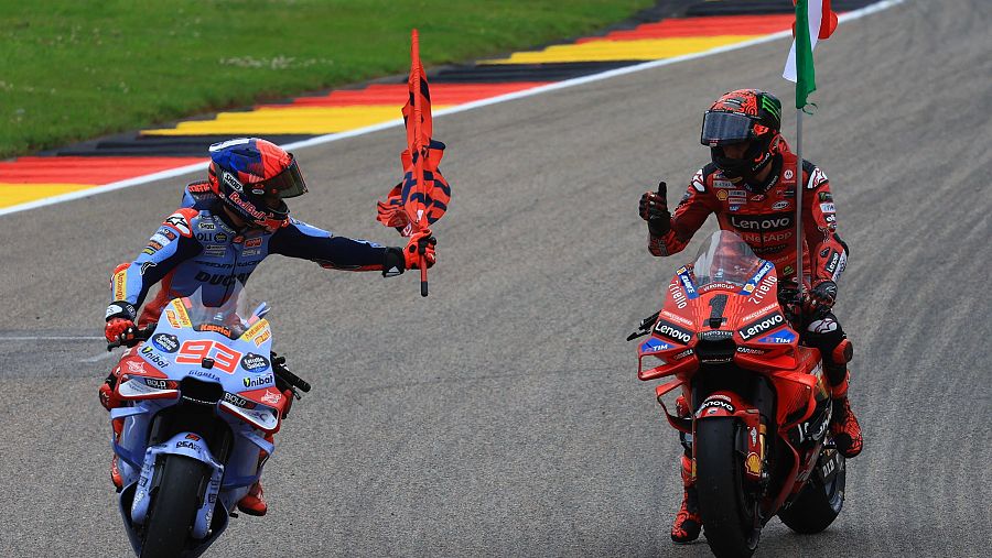 Caída de Jorge Martín, victoria y liderato de Pecco Bagnaia y gran remontada de Marc Márquez en el GP de Alemania de MotoGP