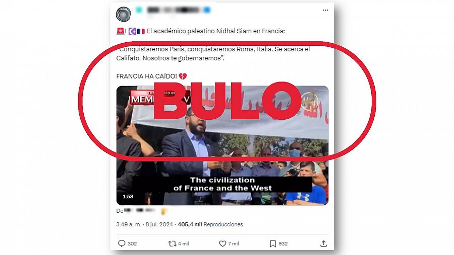 Mensaje de X que difunde la falsa idea de que este vídeo de un islamista se difunde tras las elecciones legislativas en Francia
