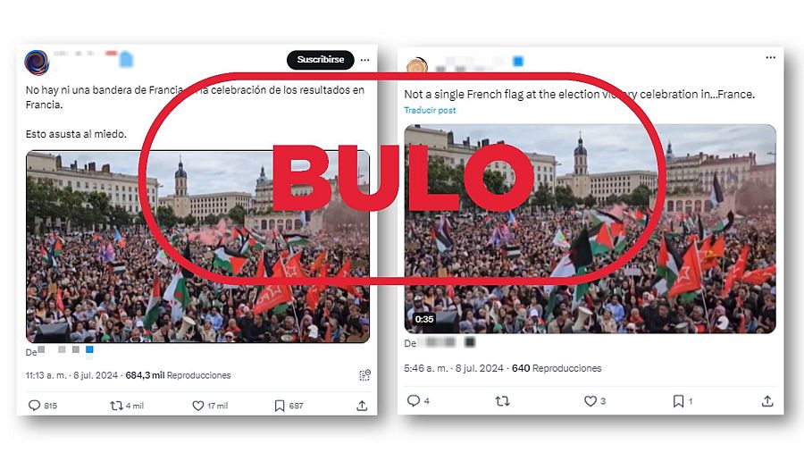 Mensajes de X que difunden la falsa idea de esta imagen muestra una concentración tras los resultados de las elecciones legislativas en Francia