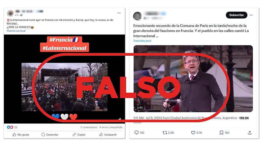 Mensajes de redes que difunden como actual este vídeo de Mélenchon y una multitud cantando ”La Internacional”