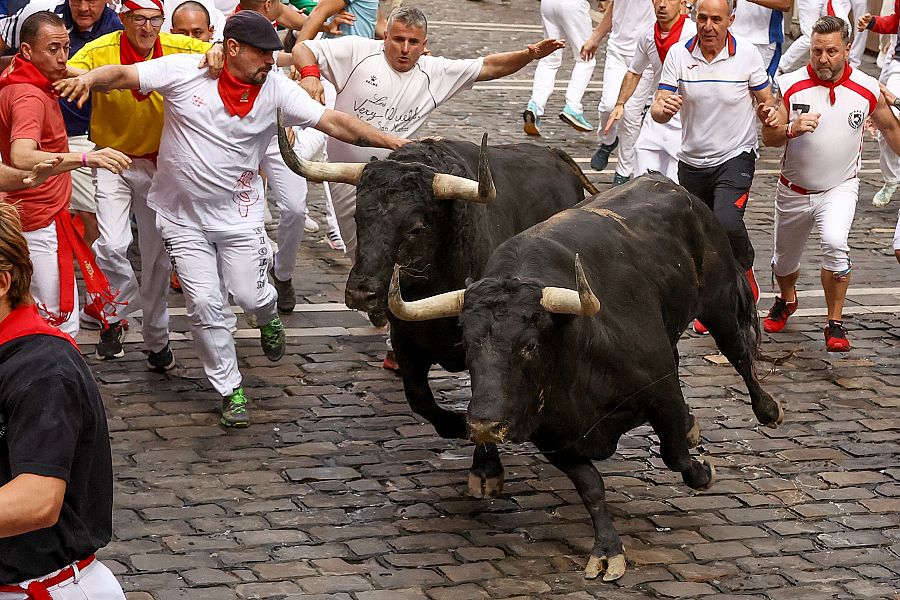 Mejores imágenes del quinto encierro de San Fermín 2024: los toros se adelantan y siembran peligro