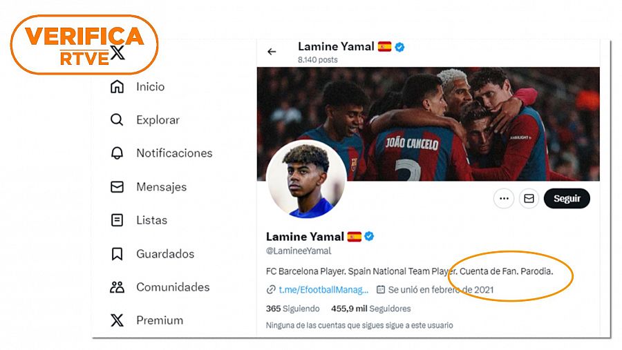 Imagen del 11 de julio de 2024 del perfil de X que utiliza el nombre y una fotografía del futbolista Lamine Yamal y se presenta como 