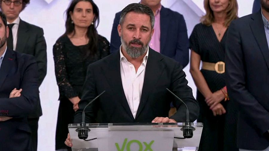 El líder de Vox, Santiago Abascal, durante la comparecencia