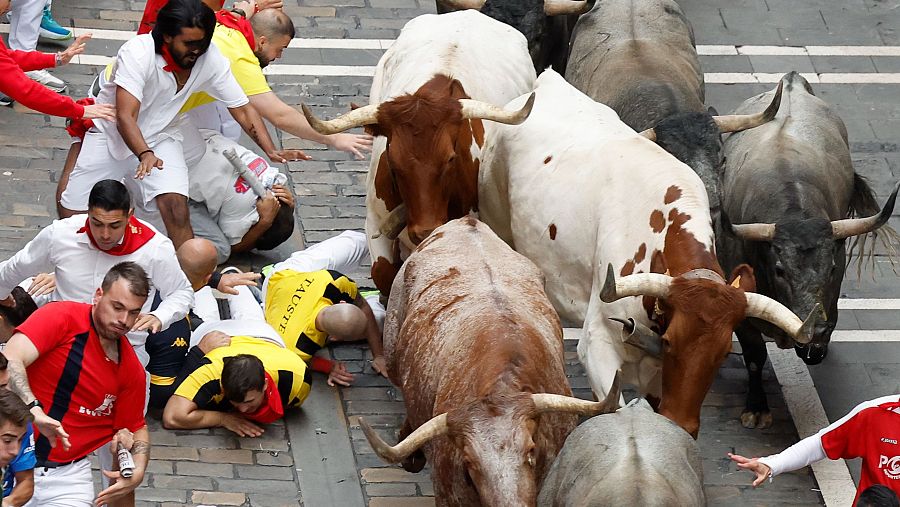 Los mozos son perseguidos por los toros de la ganadería abulense de José Escolar Gil durante el séptimo encierro de los Sanfermines 2024 este sábado en Pamplona.