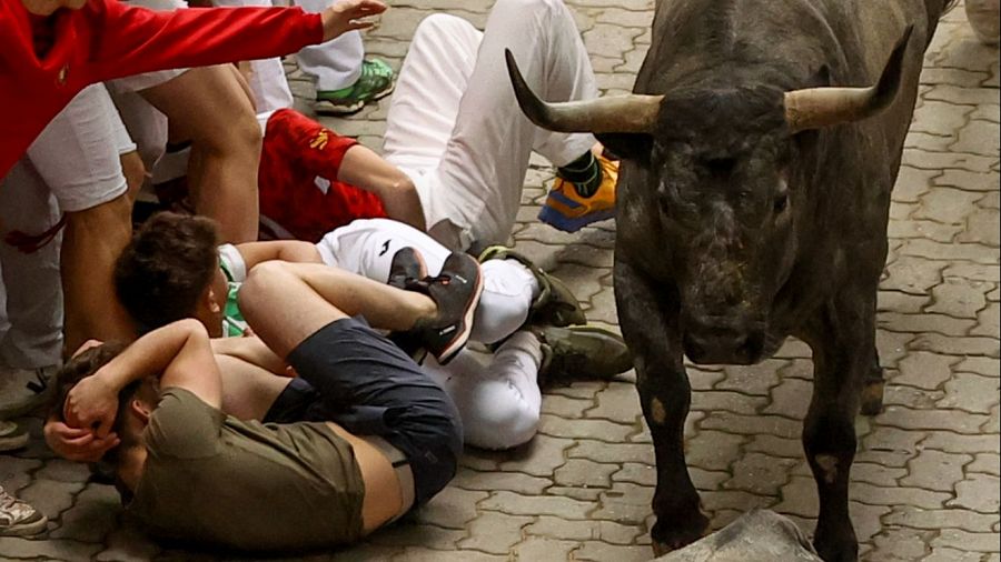 Varios mozos se protegen al paso de los toros de la ganadería abulense de José Escolar Gil durante el séptimo encierro de los Sanfermines 2024 este sábado en Pamplona.