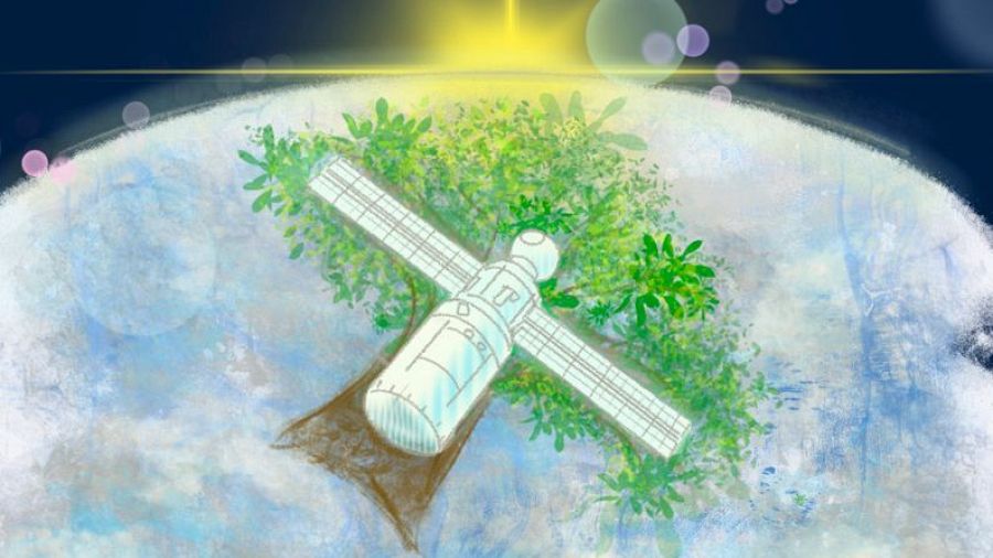 Dibujo de un satélite con forma de árbol orbitando la Tierra.