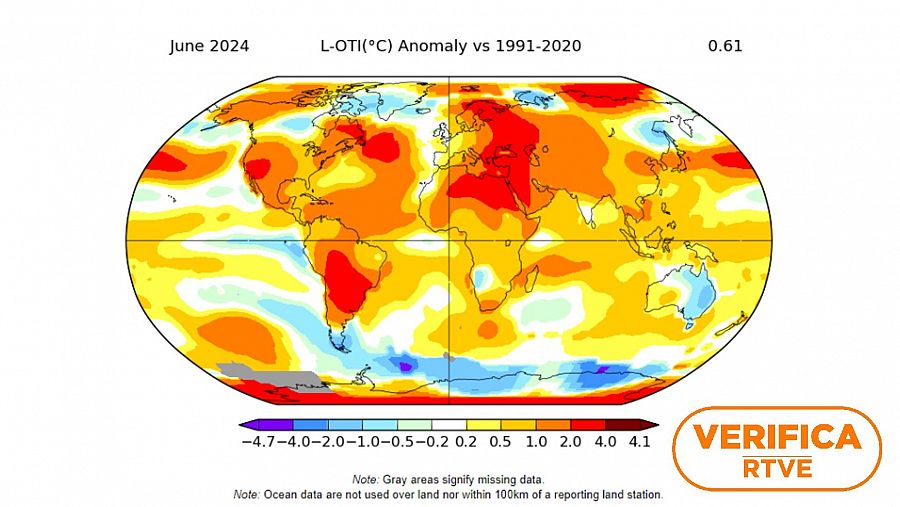 Mapa de anomalías elaborado por el satélite GISS de la NASA para junio de 2024