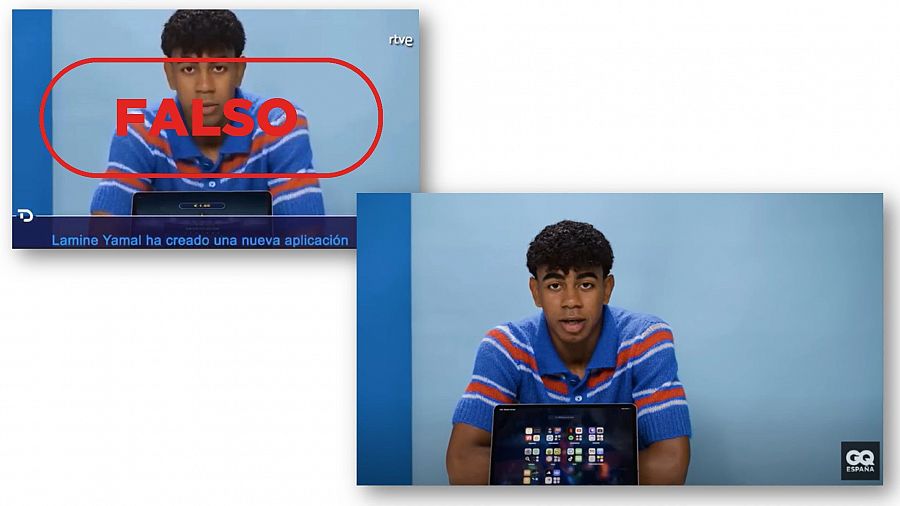 A la izquierda, instantánea del vídeo que suplanta a Lamine Yamal. A la derecha, vídeo original de GQ España