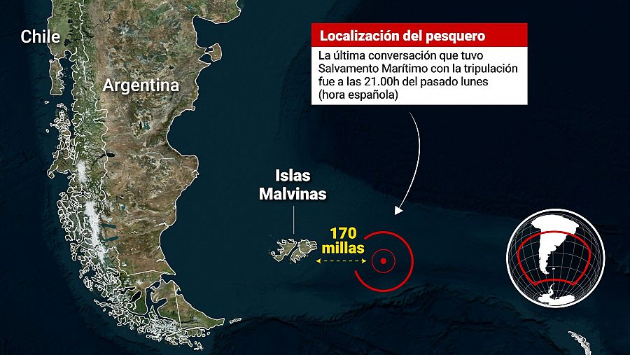 Localización del pesquero Argos Georgia naufragado la noche del lunes frente a las islas Malvinas.