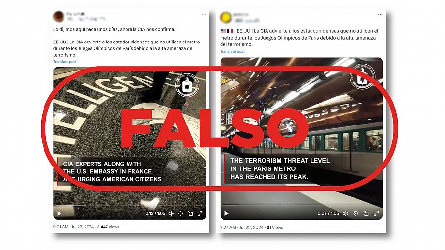 Mensajes de X que difunden el vídeo que suplanta a la CIA para alertar sobre una amenaza terrorista en el metro de París