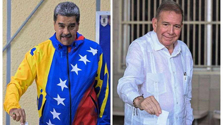 El presidente venezolano y candidato presidencial Nicolás Maduro (I) y el candidato presidencial de la oposición venezolana Edmundo González Urrutia (D)