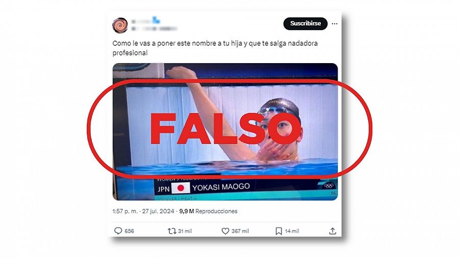 Mensaje de X que difunde la falsa idea de que esta nadadora japonesa se llama Yokasi Maogo