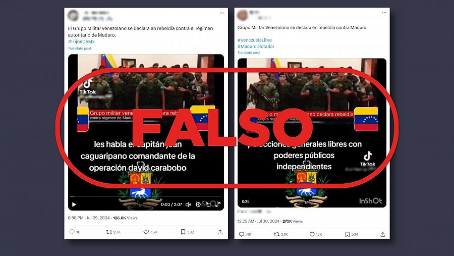 Mensajes de redes que difunden el vídeo del grupo militar venezolano como si fuese una reacción armada tras la victoria del oficialismo en las urnas de 2024