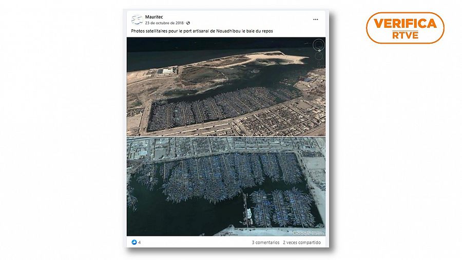 Mensaje de Facebook de la empresa local Mauritec que muestra los barcos atracados en el puerto de Nuadibú