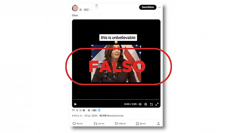 Mensaje de X que difunde un vídeo antiguo de una rueda de prensa de Kamala Harris