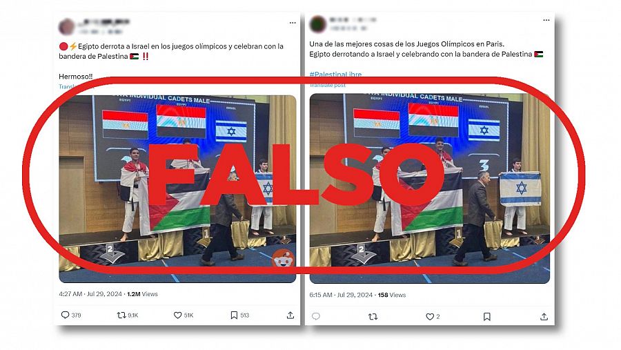 Mensajes de redes que difunden la falsa idea de que Egipto ha mostrado la bandera palestina durante los Juegos Olímpicos París 2024