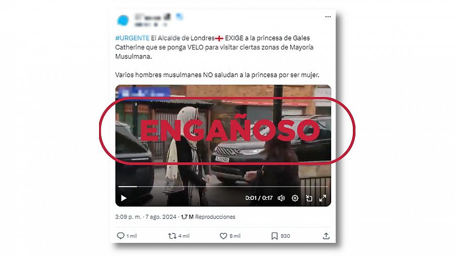 Mensaje de X que difunde una grabación antigua de la Princesa de Gales con un velo sobre la cabeza y la presenta como si fuera un vídeo actual