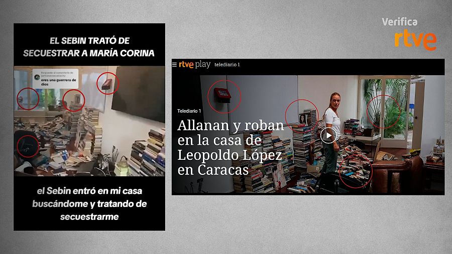 Elementos coincidentes entre el vídeo difundido por redes, a la izquierda, y la pieza del Telediario de TVE del 2 de mayo de 2019, a la derecha