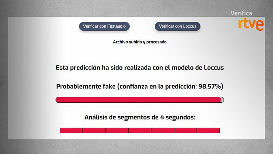 Resultado que ofrece el comprobador de audio del Proyecto IVERES sobre el audio del vídeo manipulado