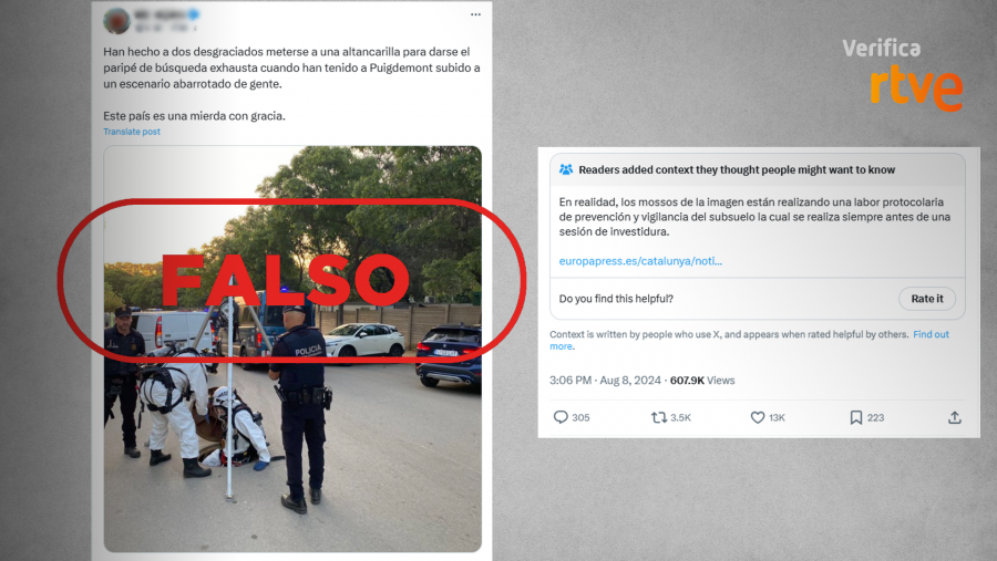 Mensaje de X que difunde la falsa idea de que esta imagen muestra el operativo de búsqueda activado por los Mossos d’Esquadra para localizar a Carles Puigdemont