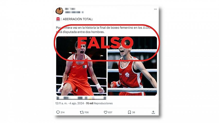 Mensaje de X que difunde la falsa idea de que la final de boxeo se disputará entre Imane Khelif y Lin Yu-Ting y que no son mujeres