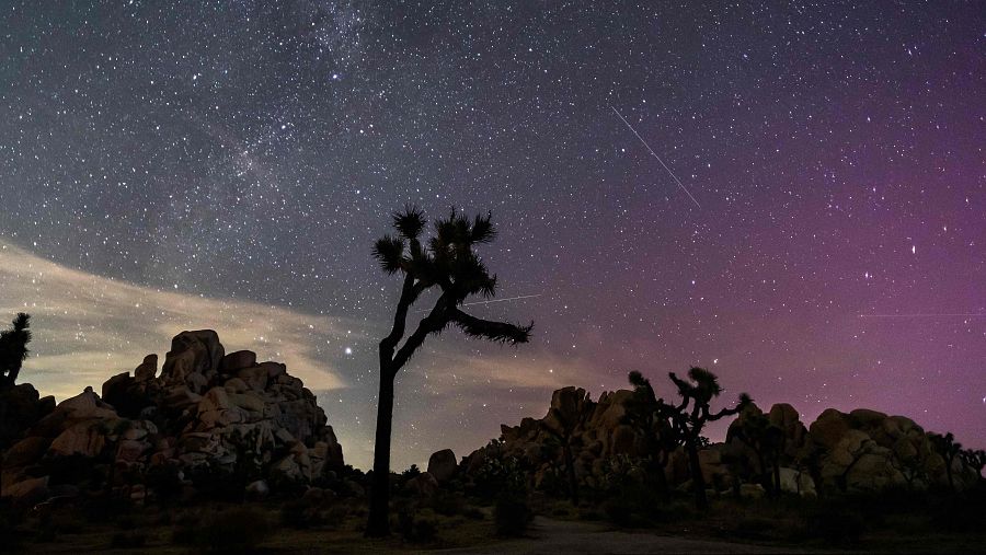 Auroras Boreales iluminan el cielo del Parque Nacional Joshua Tree durante la lluvia de perseidas en California, Estados Unidos