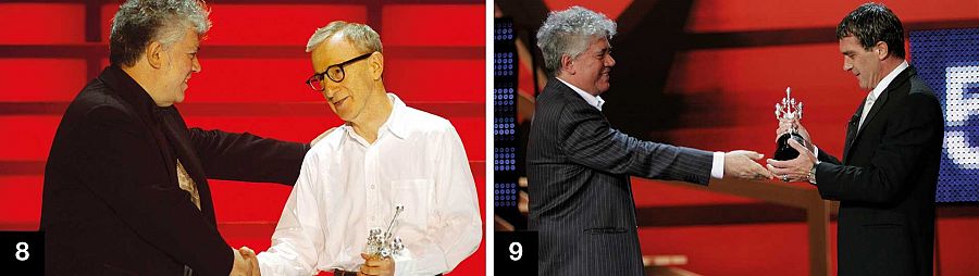 (8-9) Pedro Almodóvar entregó el Premio Donostia a Woody Allen en 2004 y a Antonio Banderas en 2008.