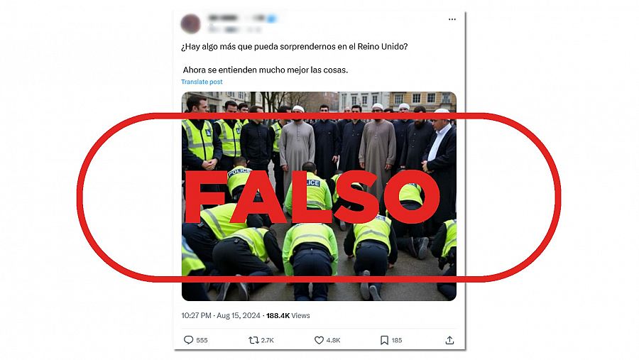 Mensaje de X que presenta como real una imagen falsa de policías británicos arrodillados ante hombres con túnica