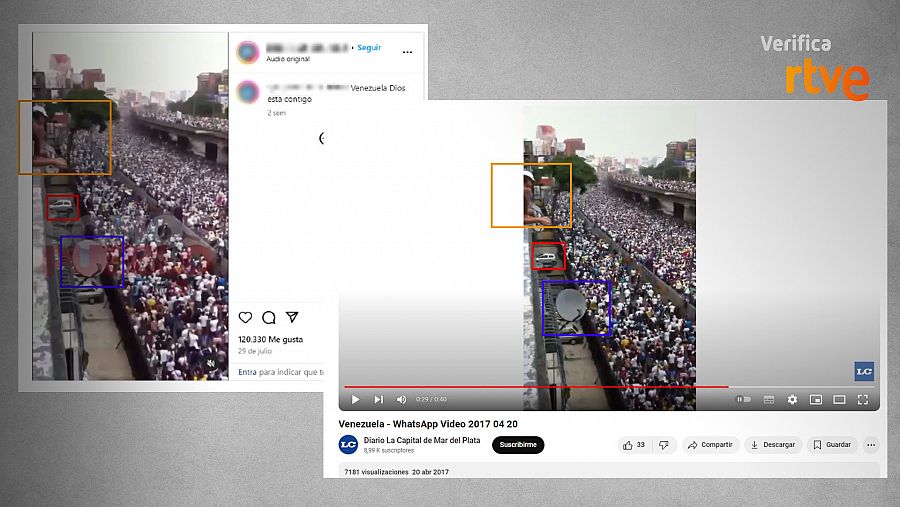 Elementos coincidentes entre el vídeo difundido como actual en redes sociales, a la izquierda, y la grabación publicada el 20 de abril de 2017, a la derecha.