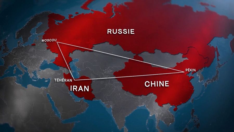 Mapa que destaca en rojo con una línea el triángulo entre  Rusia, China e Irán