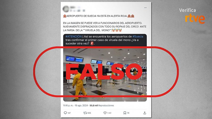 Mensaje de X que comparte una imagen descontextualizada para difundir la falsa idea de que es un aeropuerto de Suecia tras el primer caso de la nueva variante de mpox