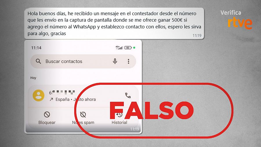 Mensaje de WhatsApp remitido a VerificaRTVE sobre el intento de estafa de la llamada que pide al receptor agregar el número de teléfono desde el que se llama