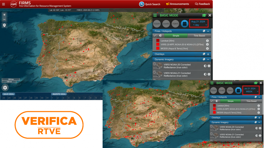 Mapa FIRMS de fuegos de la NASA sobre España el 21 de agosto de 2024 y el 21 de julio de 2024