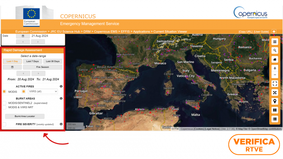 Mapa de EFFIS (Copernicus) que muestra los incendios activos en la zona mediterránea. A la izquierda, señalado en rojo, el cuadro de opciones para monitorizar los fuegos activos. VerificaRTVE / Fuente: Sistema Europeo de Información sobre Incendios Forestales (EFFIS)