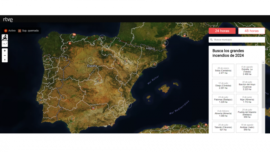 Mapa de DatosRTVE que muestra incendios activos y superficie quemada. VerificaRTVE / Fuente: DatosRTVE