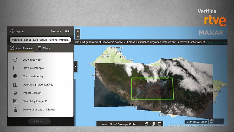 Imagen satelital de Discover Maxar que muestra el incendio de Madeira (Portugal) el 20 de agosto. VerificaRTVE / Fuente: Discover Maxar