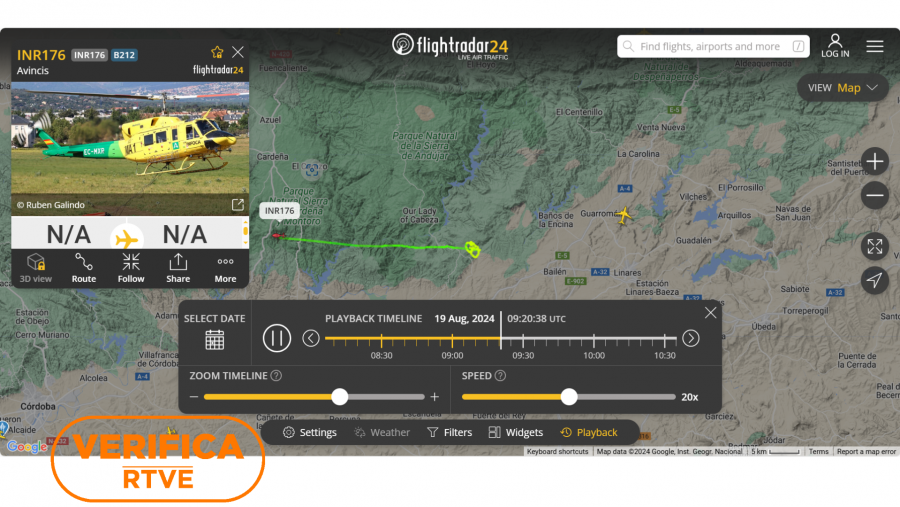 Mapa de Flightradar24 con el trayecto del medio aéreo de extinción en el incendio de Jaén el 19 de agosto VerificaRTVE / Fuente: Flightradar24