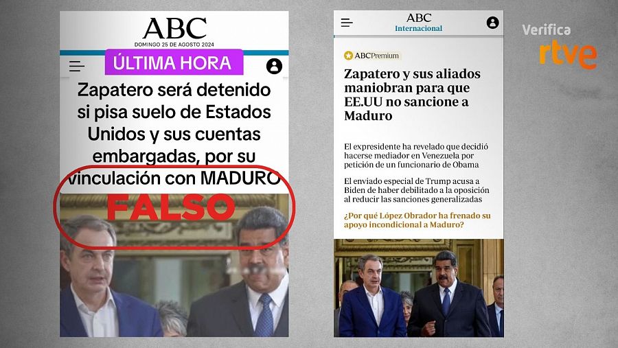 A la izquierda, la imagen manipulada que suplanta al diario ABC. A la derecha, la noticia original.