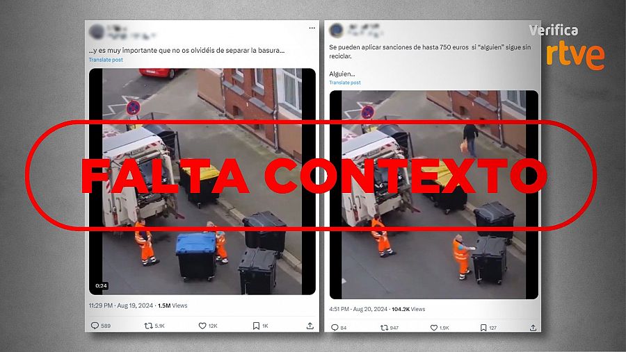Mensajes de X que difunden un vídeo descontextualizado para trasladar la falsa idea de que no sirve de nada separar los residuos