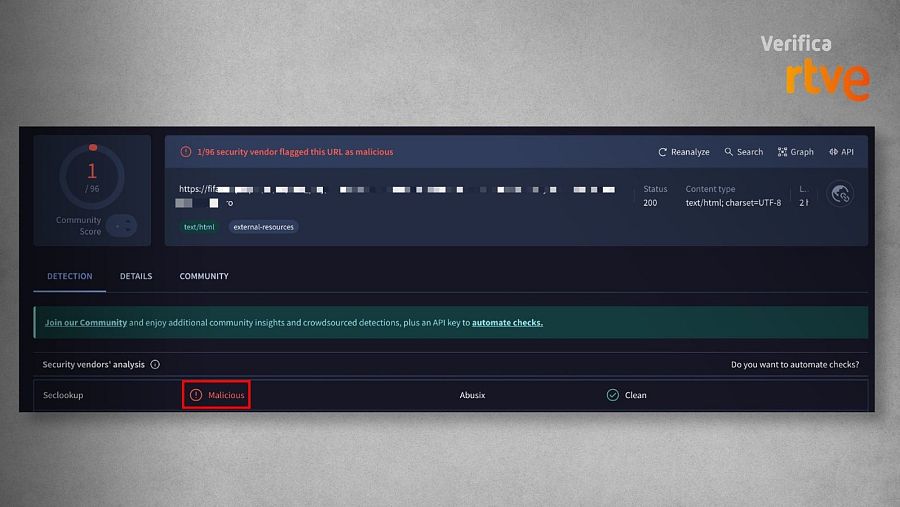 El enlace analizado en la herramienta VirusTotal que alerta de contenido malicioso