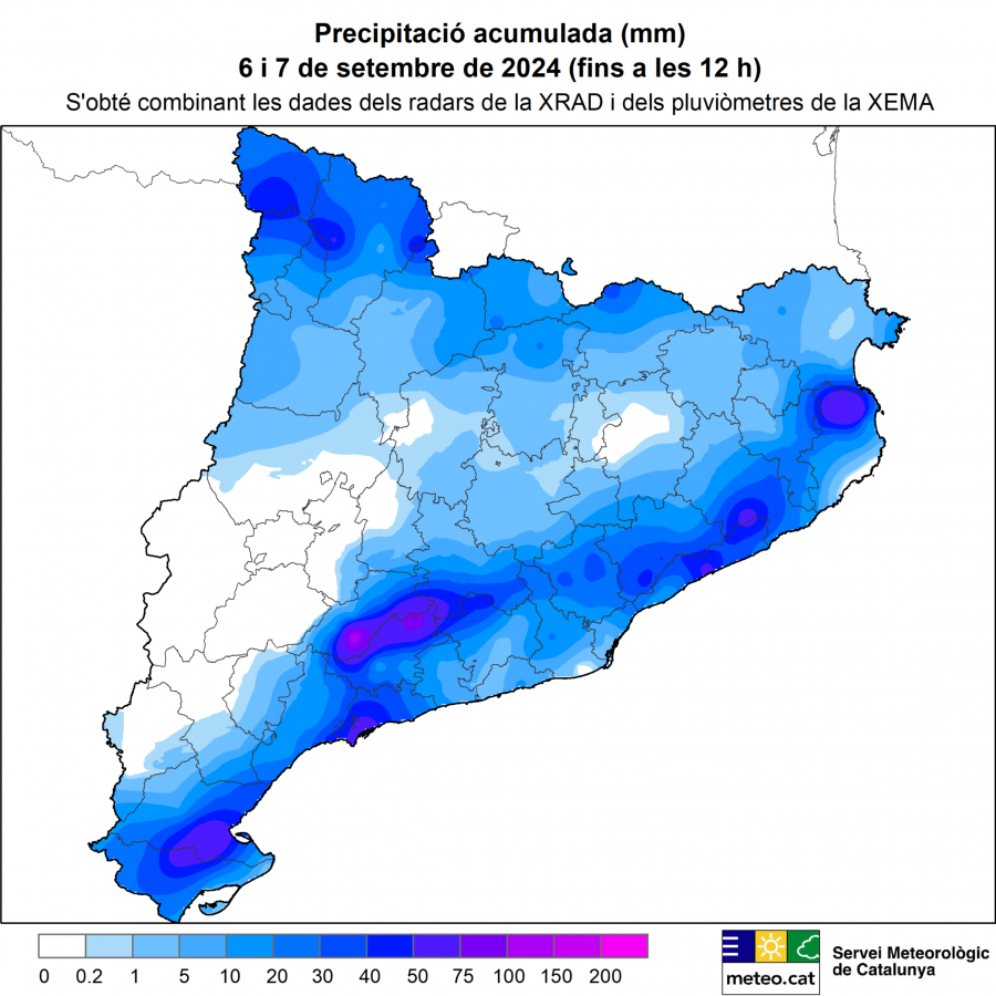 Mapa de les precipitacions acumulades entre el 6 i 7 de setembre a Catalunya