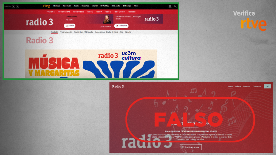 Comparativa página web oficial de Radio 3 junto al sitio web que suplanta a esta emisora de RNE