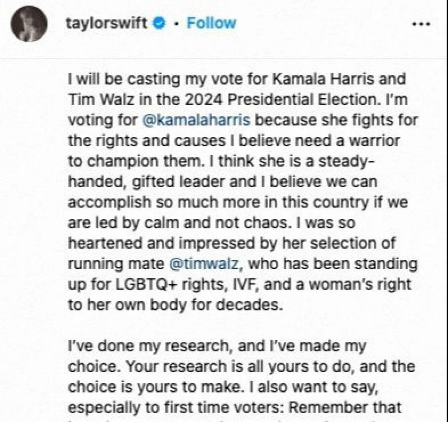 Mensaje de Taylor Swift en apoyo a Kamala Harris