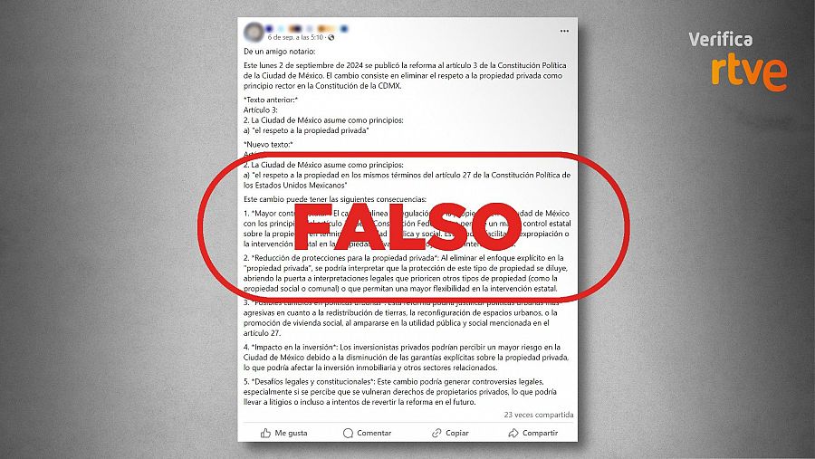 Mensaje de Facebook que difunde el texto que asegura que en Ciudad de México se ha abolido la propiedad privada