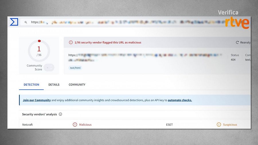 Análisis de la web que suplanta a RTVE en VirusTotal