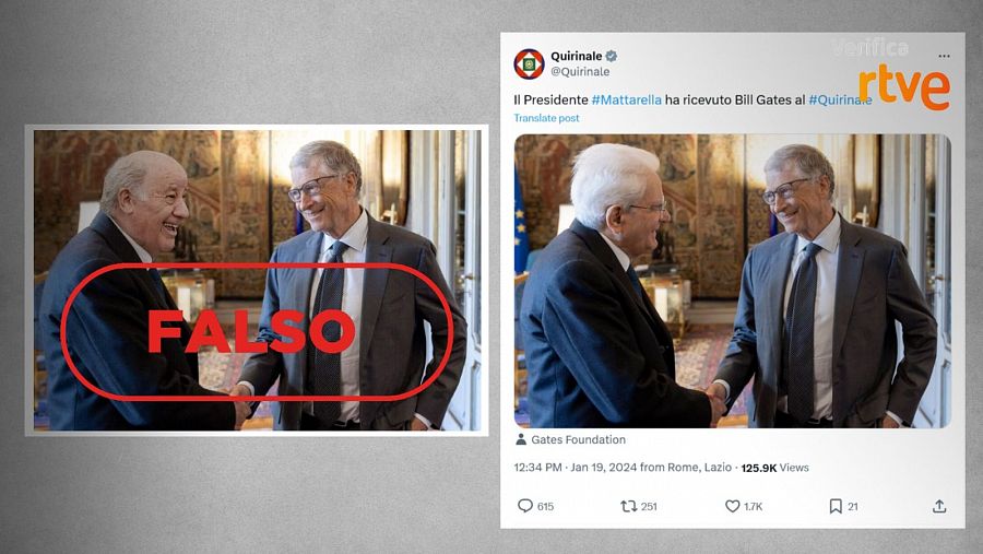 A la izquierda, la imagen manipulada de Amancio Ortega y Bill Gates. A la derecha, la imagen real de Gates con Mattarella