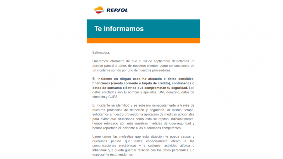 Repsol sufre un ciberataque a su base de datos de clientes de electricidad y gas en España