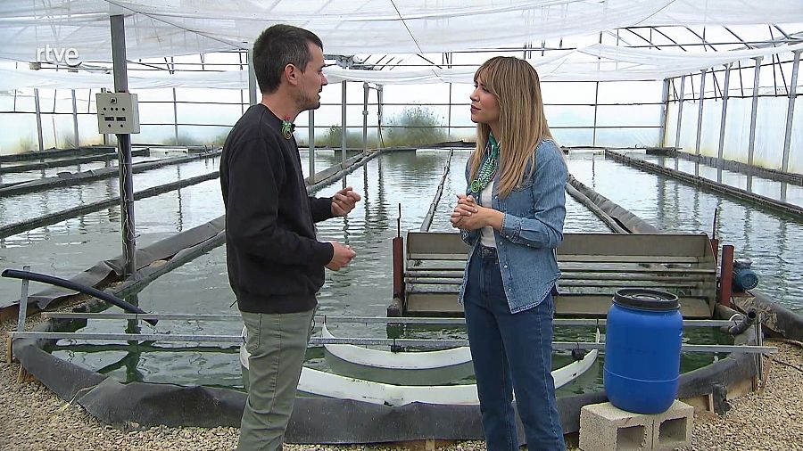 María Gómez amb Joan Solé, director de Blauver Food, una granja d'espirulina, a 'Va de verd'