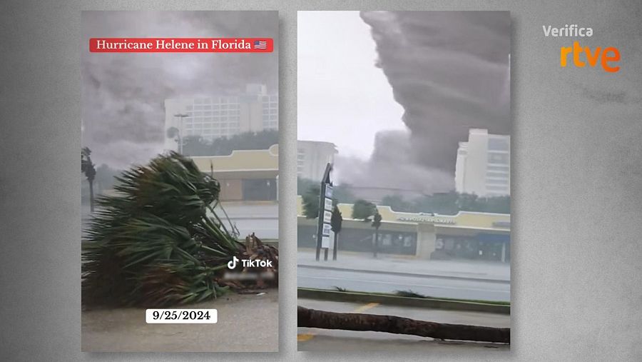 A la izquierda, vídeo que difunden como si fuera el huracán Helene. A la derecha, grabación antigua que muestra coincidencias con la anterior como la fachada amarilla o el edificio blanco