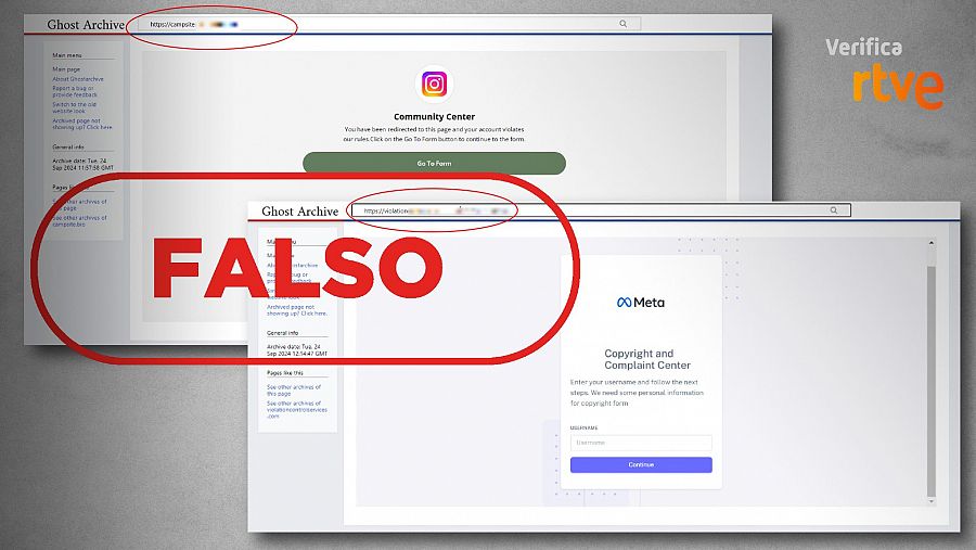 Apariencia de las páginas web que suplantan a Instagram y a Meta